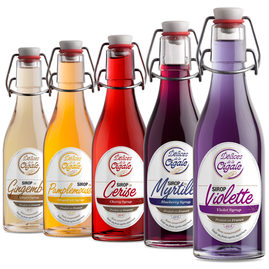Graphiste design artisanat : Groupe de bouteilles de sirops artisanal avec création d'une étiquette